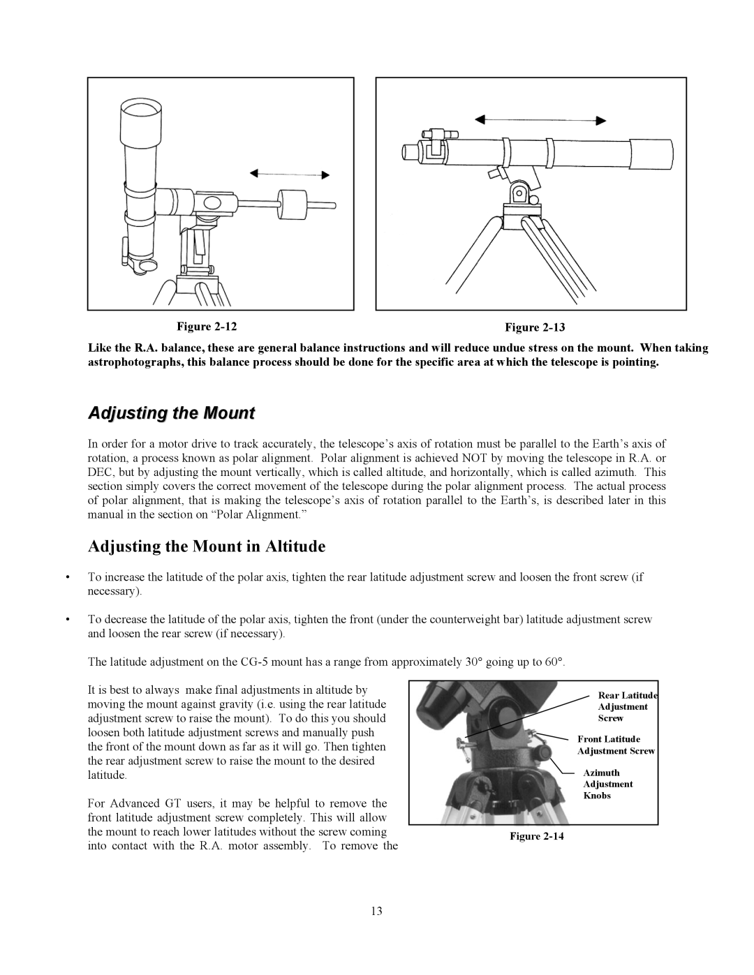 Celestron C6-RGT, Advanced Series GT manual Adjusting the Mount in Altitude 