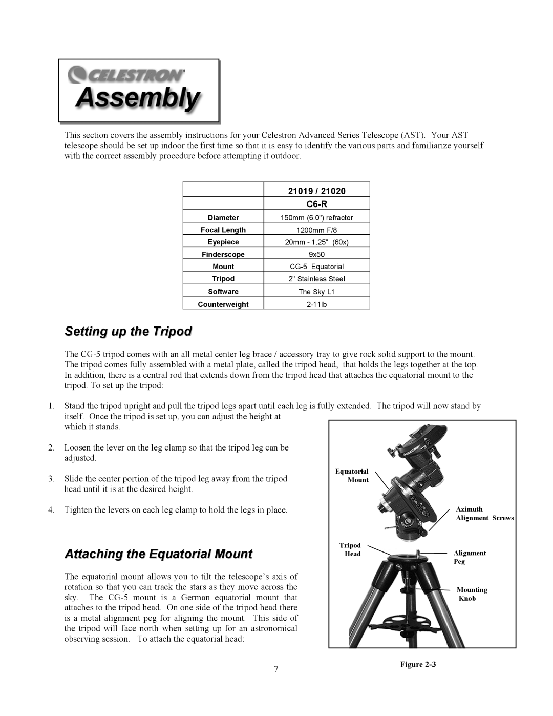 Celestron C6-RGT, Advanced Series GT manual Setting up the Tripod, Attaching the Equatorial Mount 