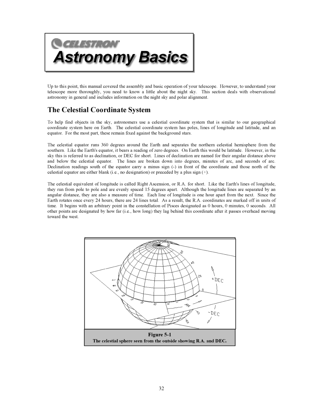 Celestron C6-RGT manual Celestial Coordinate System 