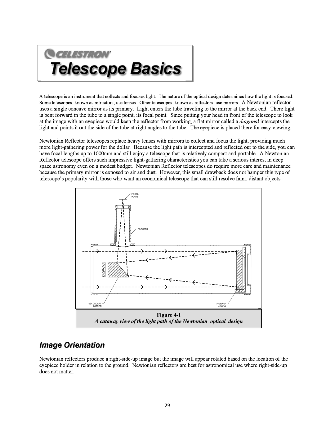 Celestron C10-N, C8-NGT manual Image Orientation, A cutaway view of the light path of the Newtonian optical design 