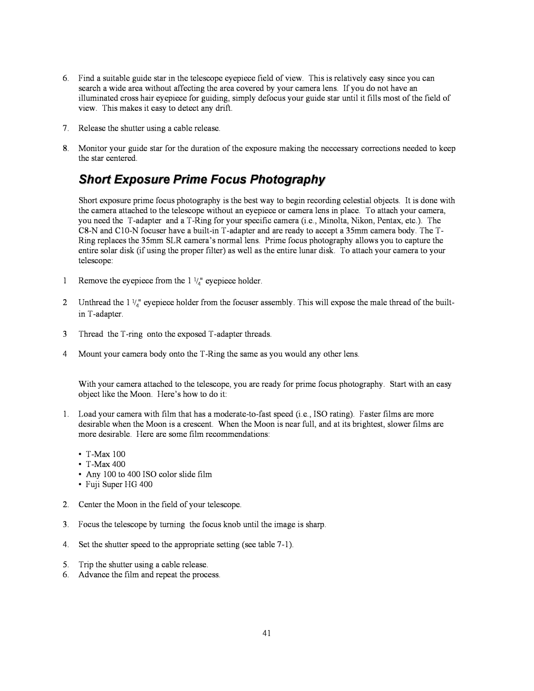 Celestron C10-N, C8-NGT manual Short Exposure Prime Focus Photography 
