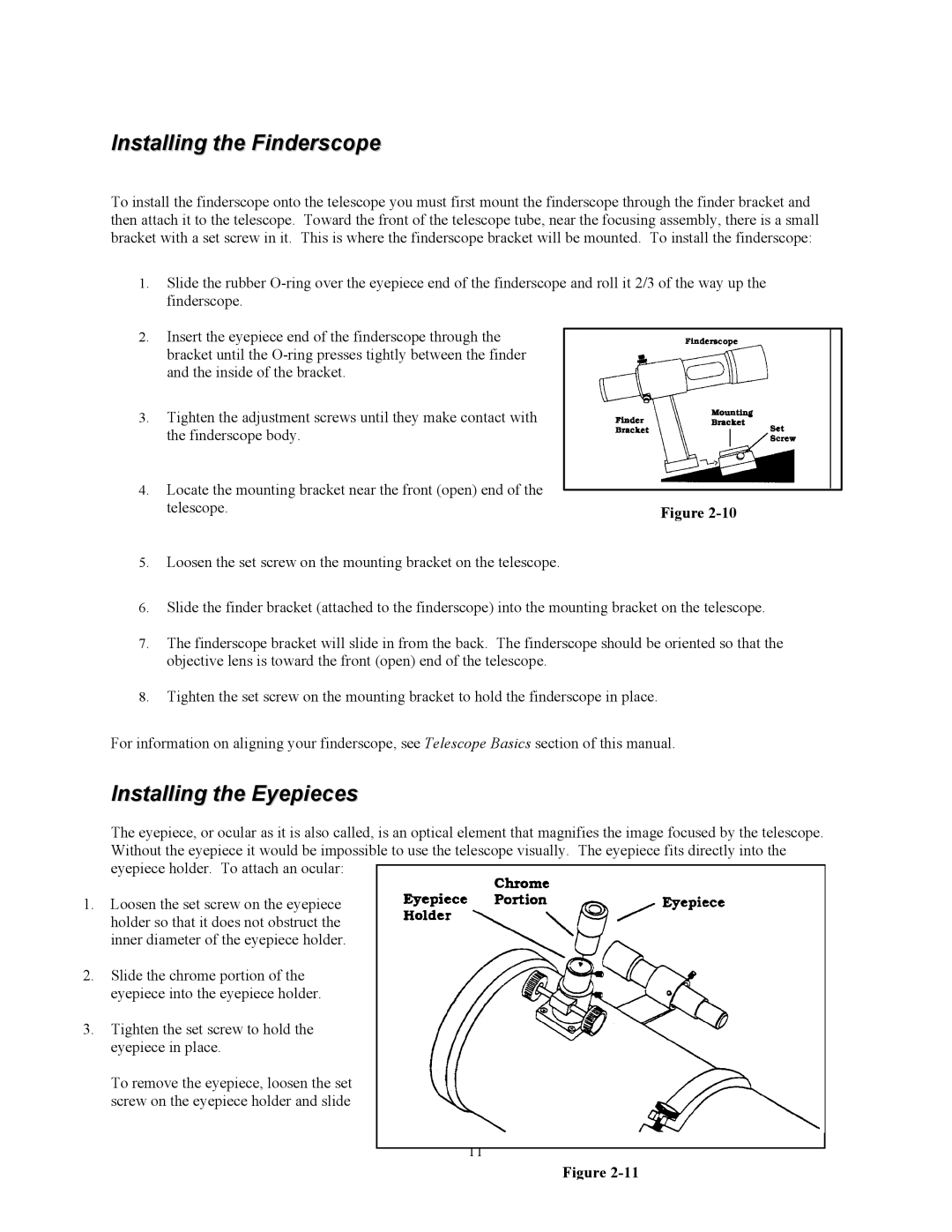 Celestron C10-N, C8-NGT manual Installing the Finderscope, Installing the Eyepieces, Telescope 