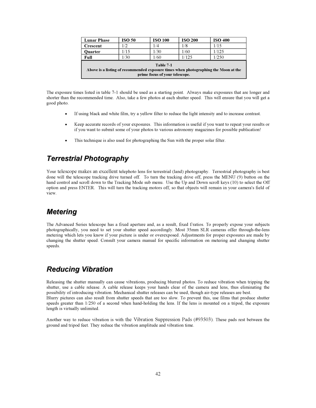 Celestron C8-NGT, C10-N manual Terrestrial Photography, Metering, Reducing Vibration 