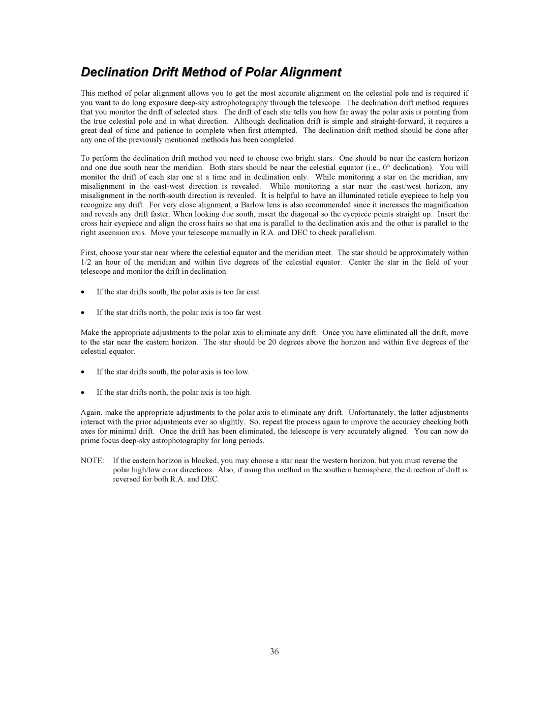 Celestron C8-NGT, C10-N manual Declination Drift Method of Polar Alignment 