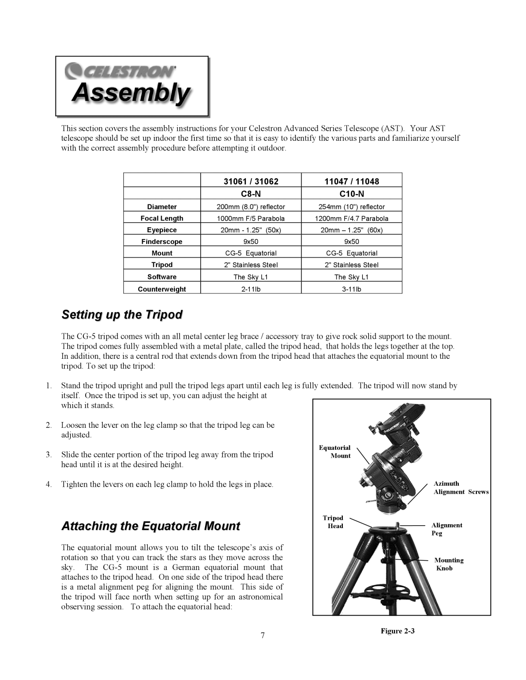 Celestron C8-NGT, C10-N manual Setting up the Tripod, Attaching the Equatorial Mount 