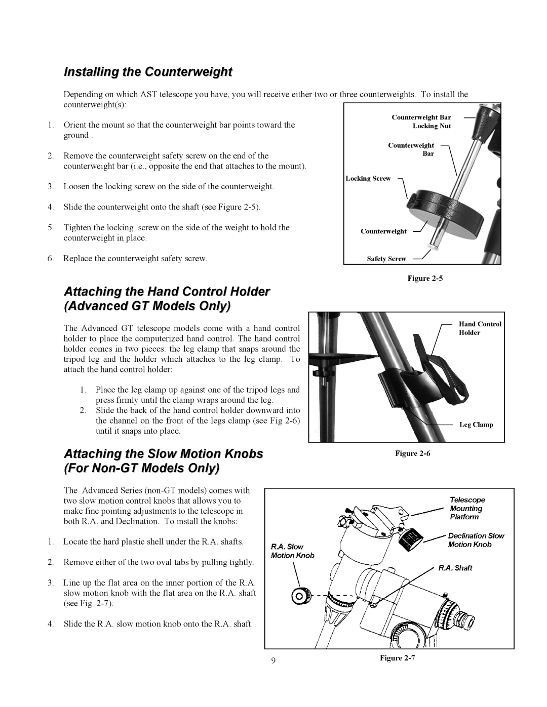 Celestron C8-NGT, C10-N manual Installing the Counterweight, Attaching the Hand Control Holder Advanced GT Models Only 