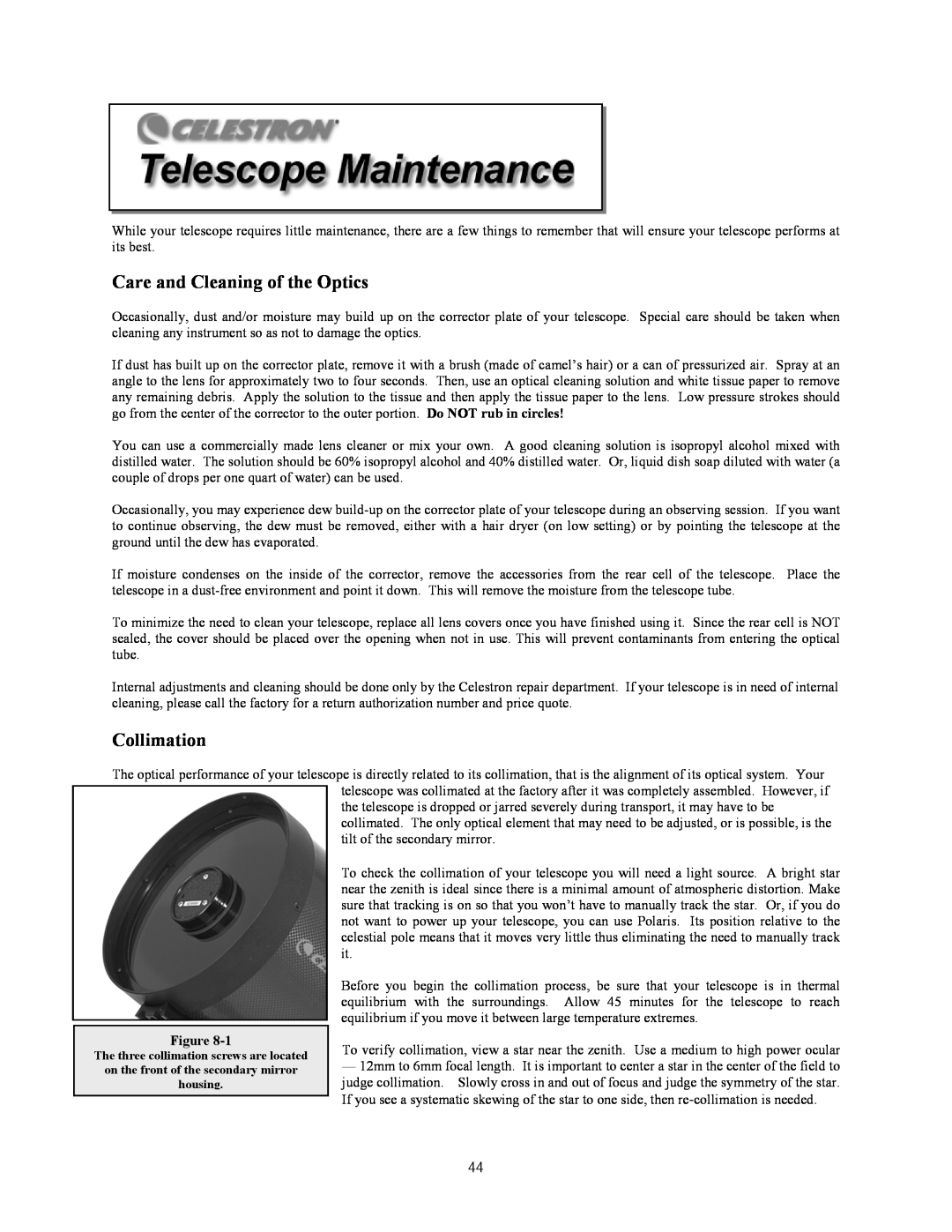 Celestron C9.25-S, C8-S, C5-S instruction manual Care and Cleaning of the Optics, Collimation 