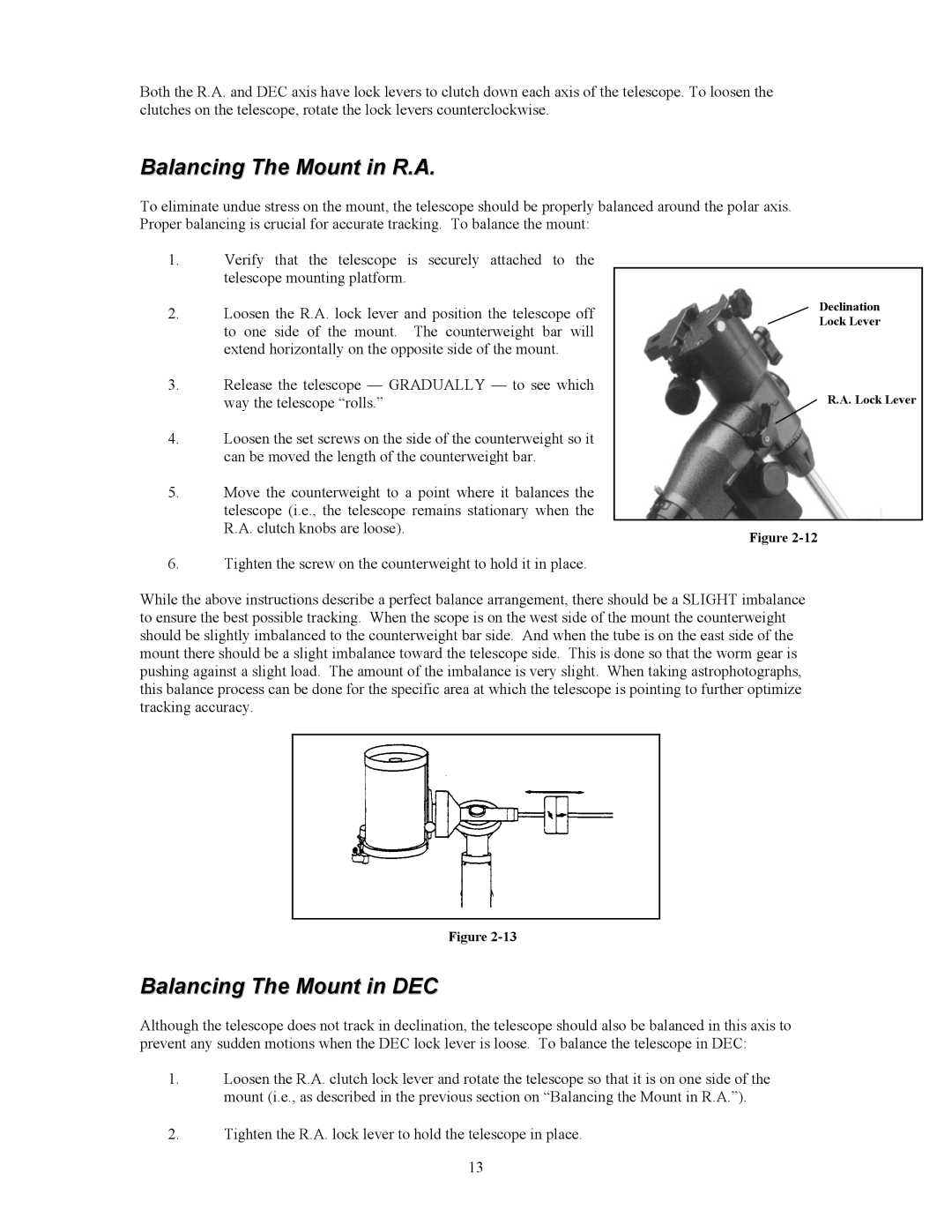 Celestron C5-S, C8-S, C9.25-S instruction manual Balancing The Mount in R.A, Balancing The Mount in DEC 