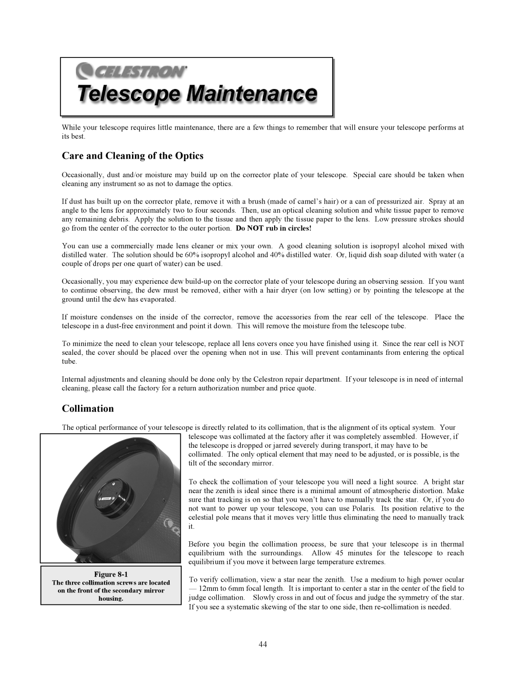 Celestron C9.25-S, C8-S, C5-S instruction manual Care and Cleaning of the Optics, Collimation 