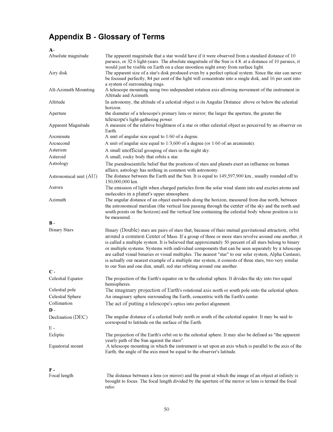 Celestron C9.25-S, C8-S, C5-S instruction manual Appendix B Glossary of Terms 