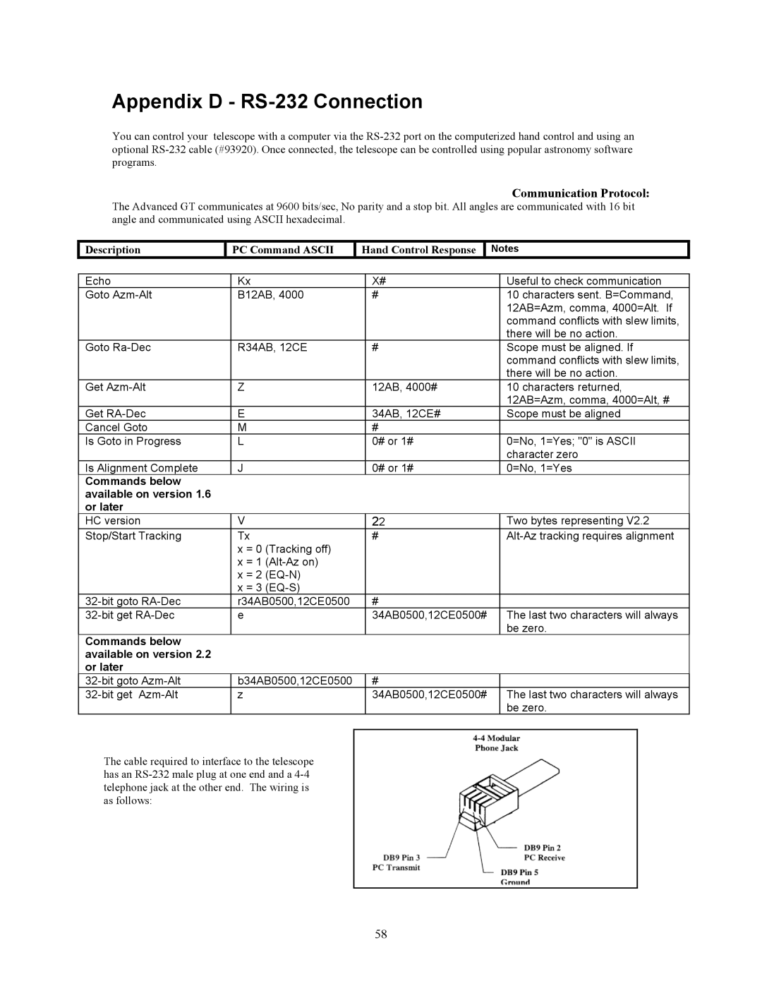 Celestron C5-S, C8-S, C9.25-S instruction manual Appendix D RS-232 Connection, Communication Protocol 