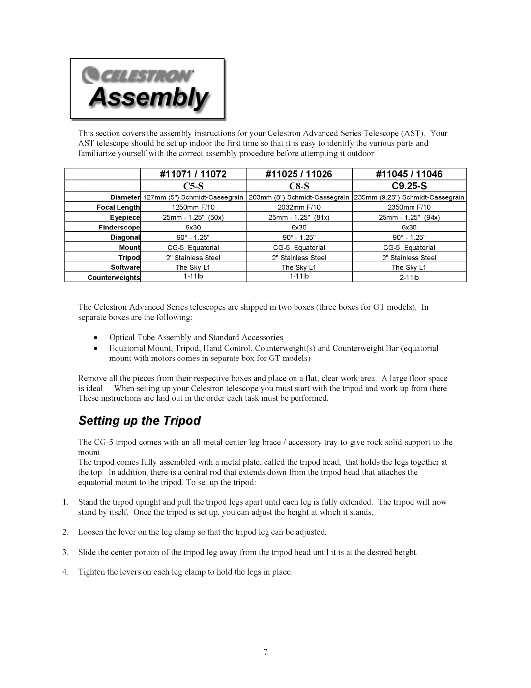 Celestron C5-S, C8-S instruction manual Setting up the Tripod, C9.25-S 