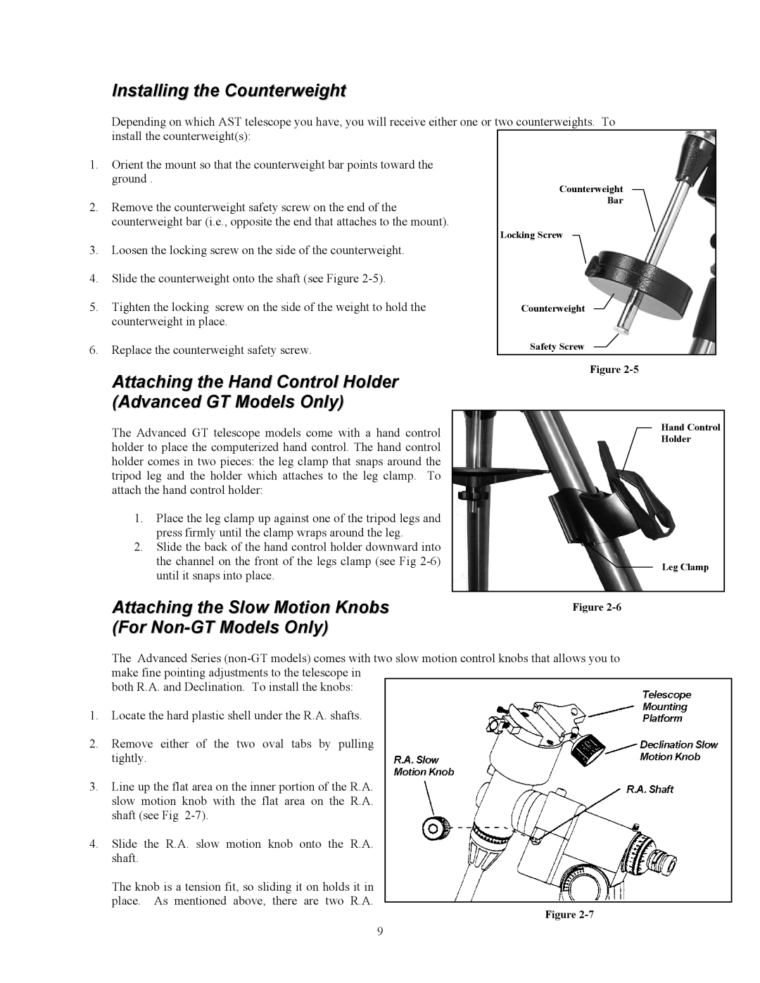 Celestron C8-S, C5-S, C9.25-S Installing the Counterweight, Attaching the Hand Control Holder Advanced GT Models Only 