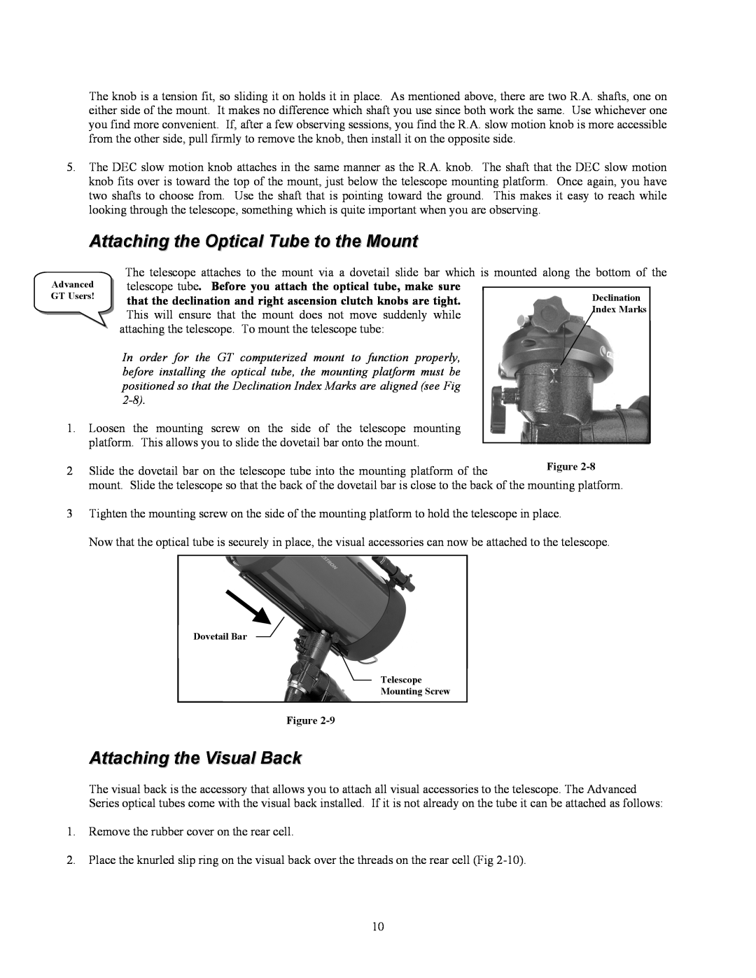Celestron C9-S, C8-S, C5-S instruction manual Attaching the Optical Tube to the Mount, Attaching the Visual Back 