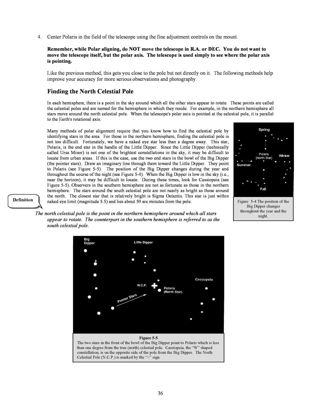 Celestron C8-S, C9-S, C5-S instruction manual Finding the North Celestial Pole, Definition 