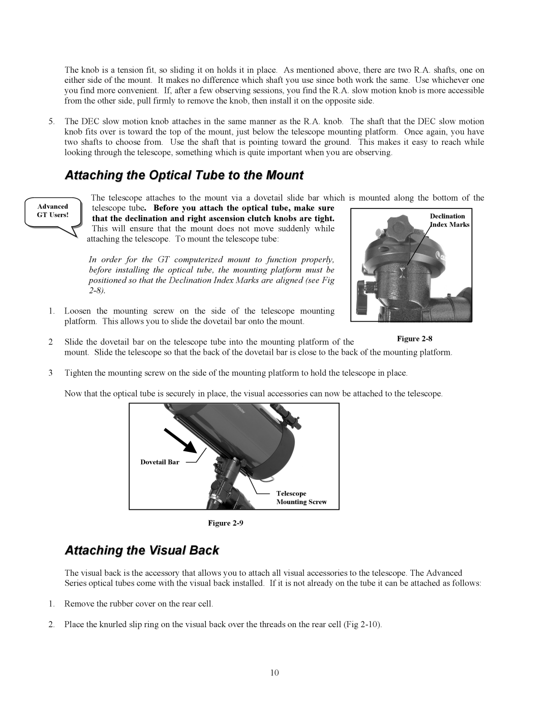 Celestron C9-S, C8-S, C5-S instruction manual Attaching the Optical Tube to the Mount, Attaching the Visual Back 