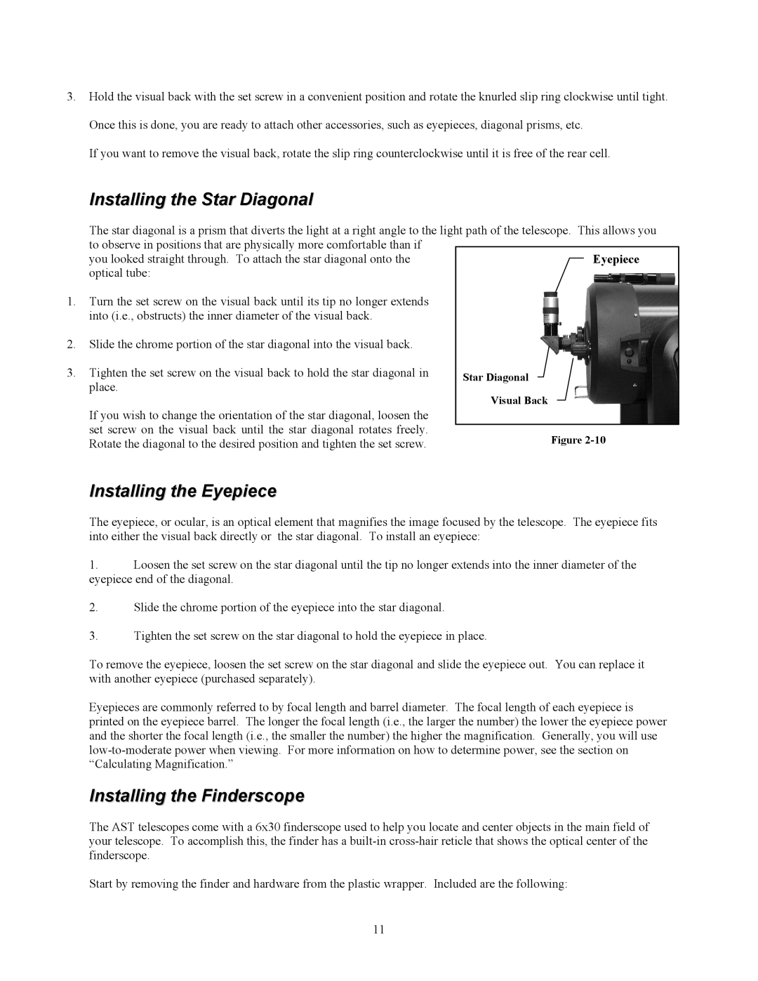 Celestron C5-S, C8-S, C9-S Installing the Star Diagonal, Installing the Eyepiece, Installing the Finderscope 