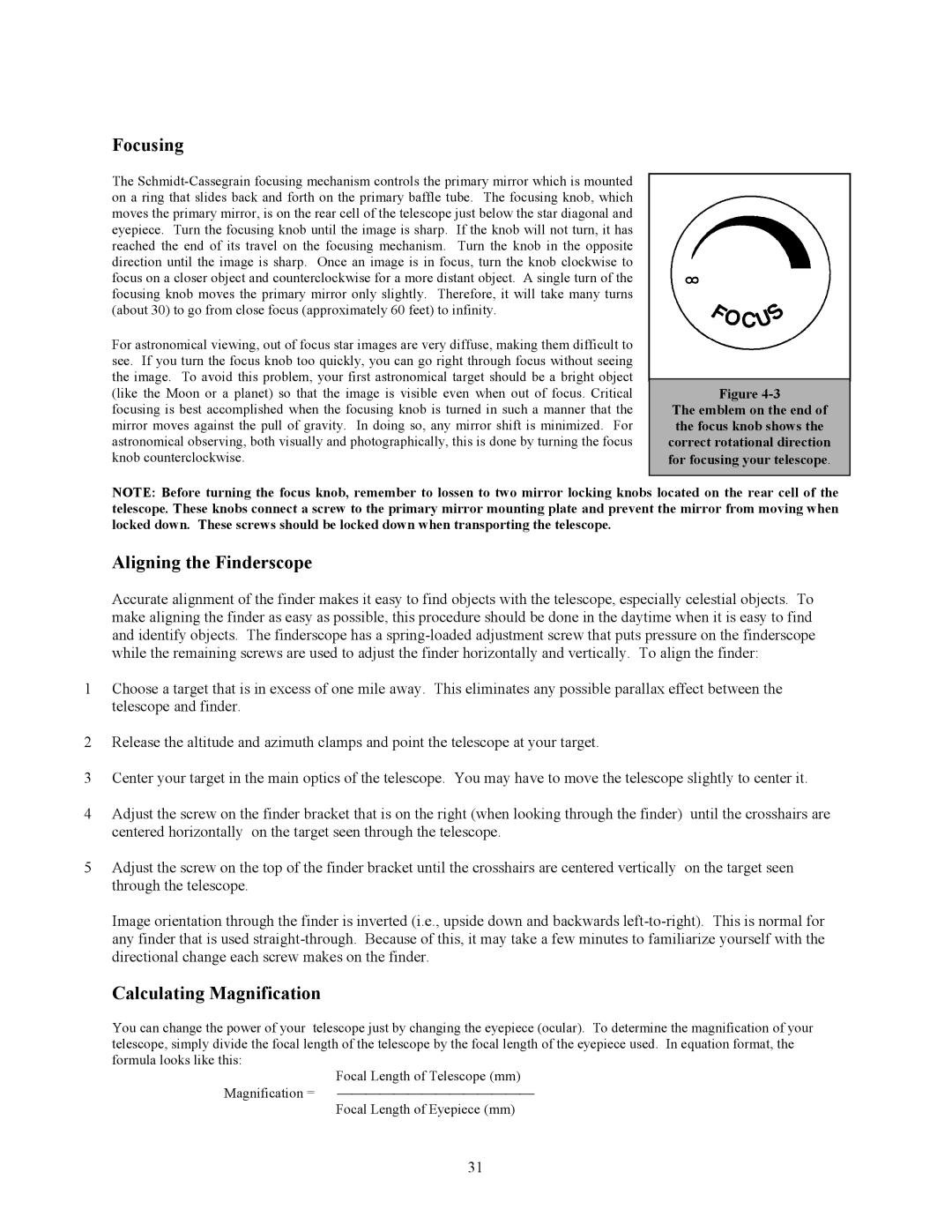 Celestron C9-S, C8-S, C5-S instruction manual Focusing, Aligning the Finderscope, Calculating Magnification 