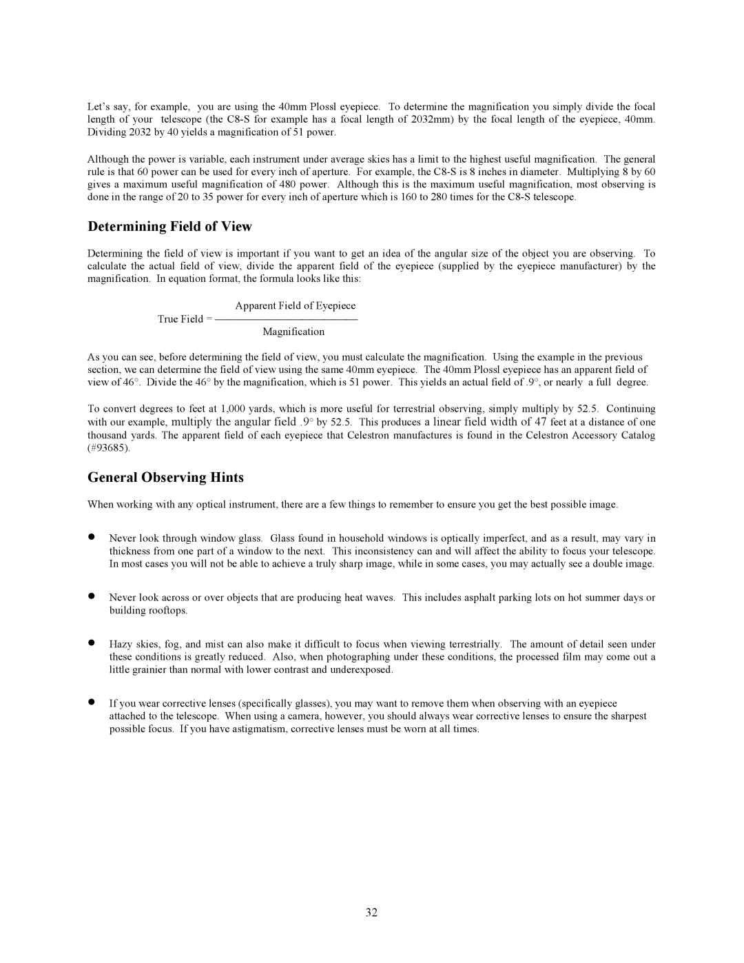 Celestron C5-S, C8-S, C9-S instruction manual Determining Field of View, General Observing Hints 