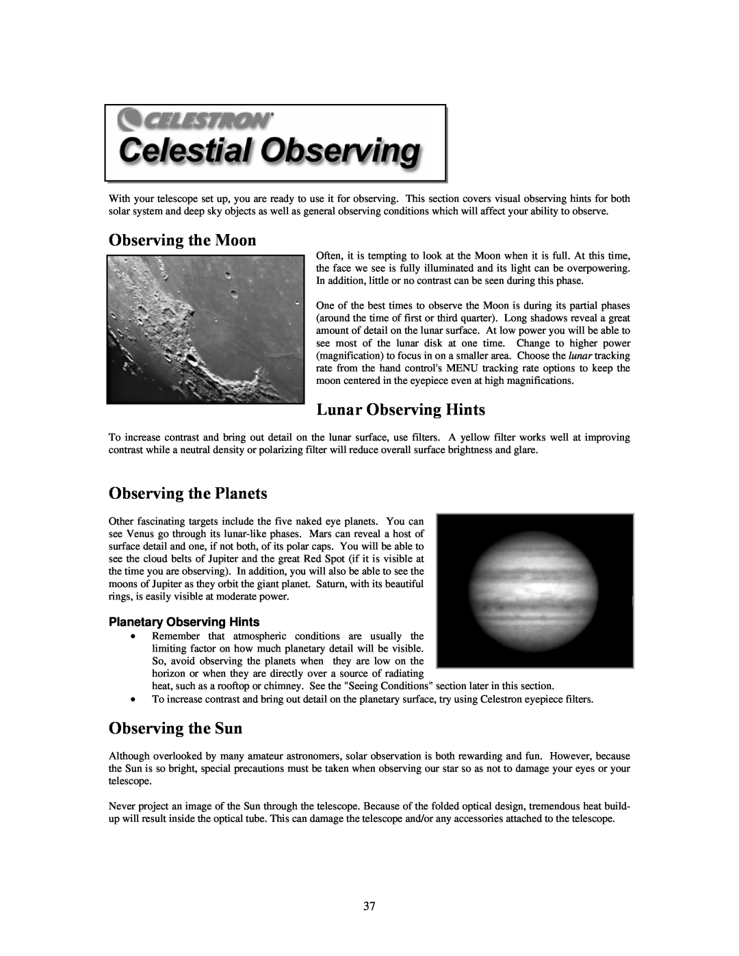 Celestron C100ED-R, C80ED-R manual Observing the Moon, Lunar Observing Hints, Observing the Planets, Observing the Sun 