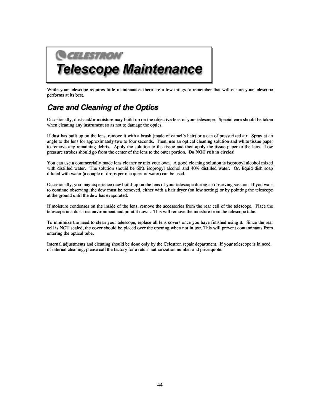Celestron C80ED-R, C100ED-R manual Care and Cleaning of the Optics 