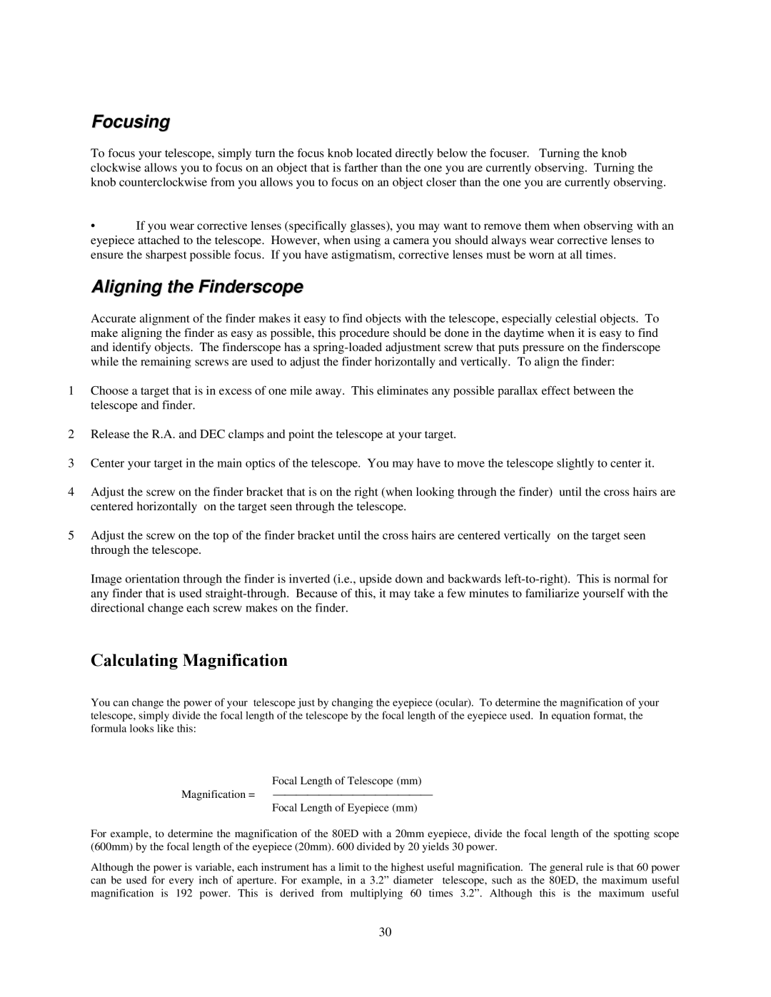 Celestron C80ED-R, C100ED-R manual Focusing, Aligning the Finderscope, Calculating Magnification 