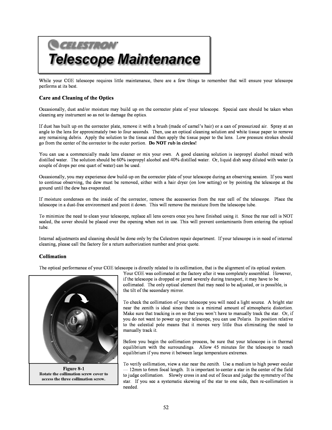 Celestron CGE925, CGE1100, CGE800, CGE1400 manual Care and Cleaning of the Optics, Collimation 