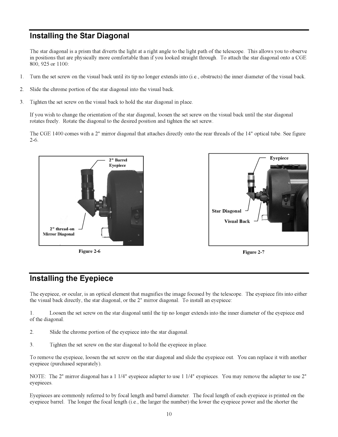 Celestron CGE800, CGE925, CGE1100, CGE1400 manual Installing the Star Diagonal, Installing the Eyepiece 