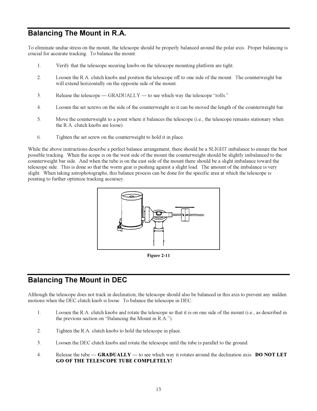 Celestron CGE1100, CGE925, CGE800, CGE1400 manual Balancing The Mount in R.A, Balancing The Mount in DEC 