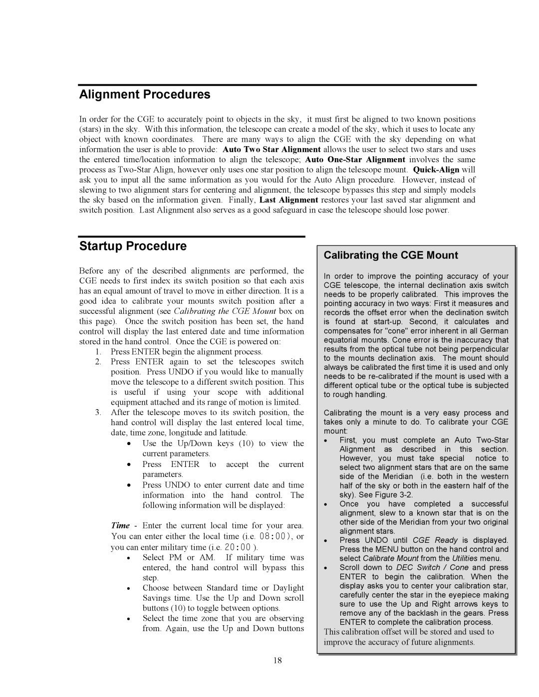 Celestron CGE800, CGE925, CGE1100, CGE1400 manual Alignment Procedures, Startup Procedure 