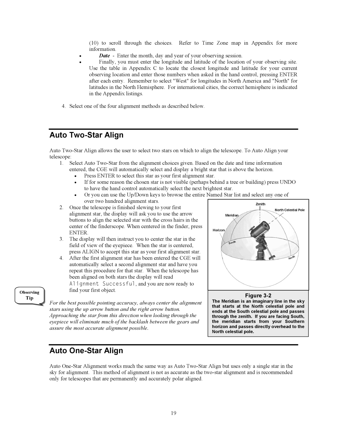 Celestron CGE1400, CGE925, CGE1100, CGE800 manual Auto Two-Star Align, Auto One-Star Align 