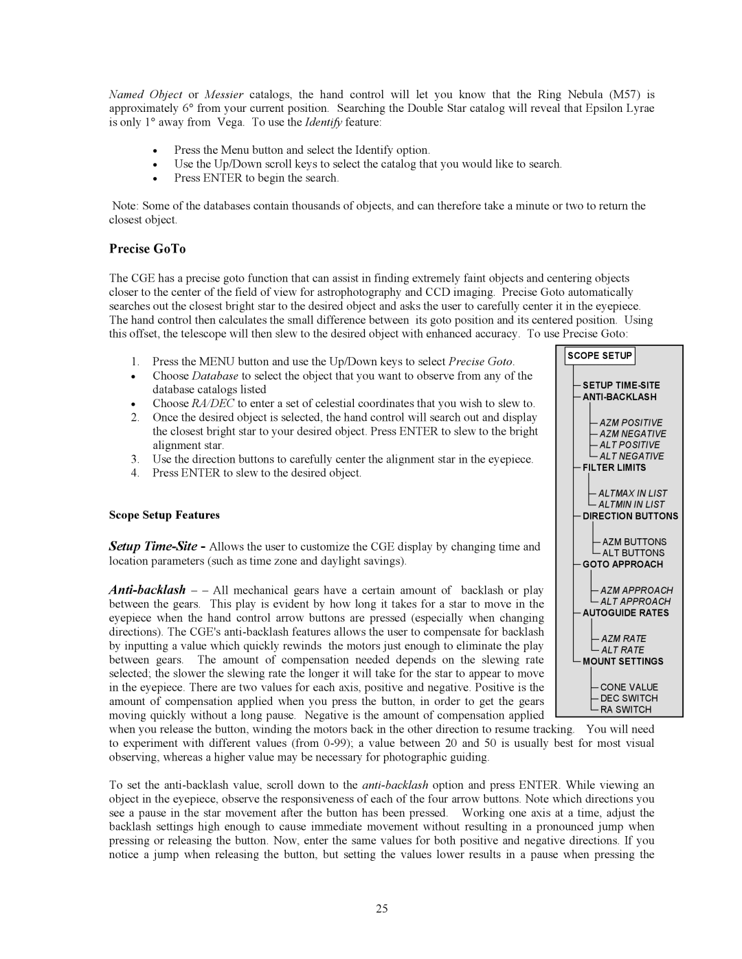 Celestron CGE1100, CGE925, CGE800, CGE1400 manual Precise GoTo, Scope Setup Features 