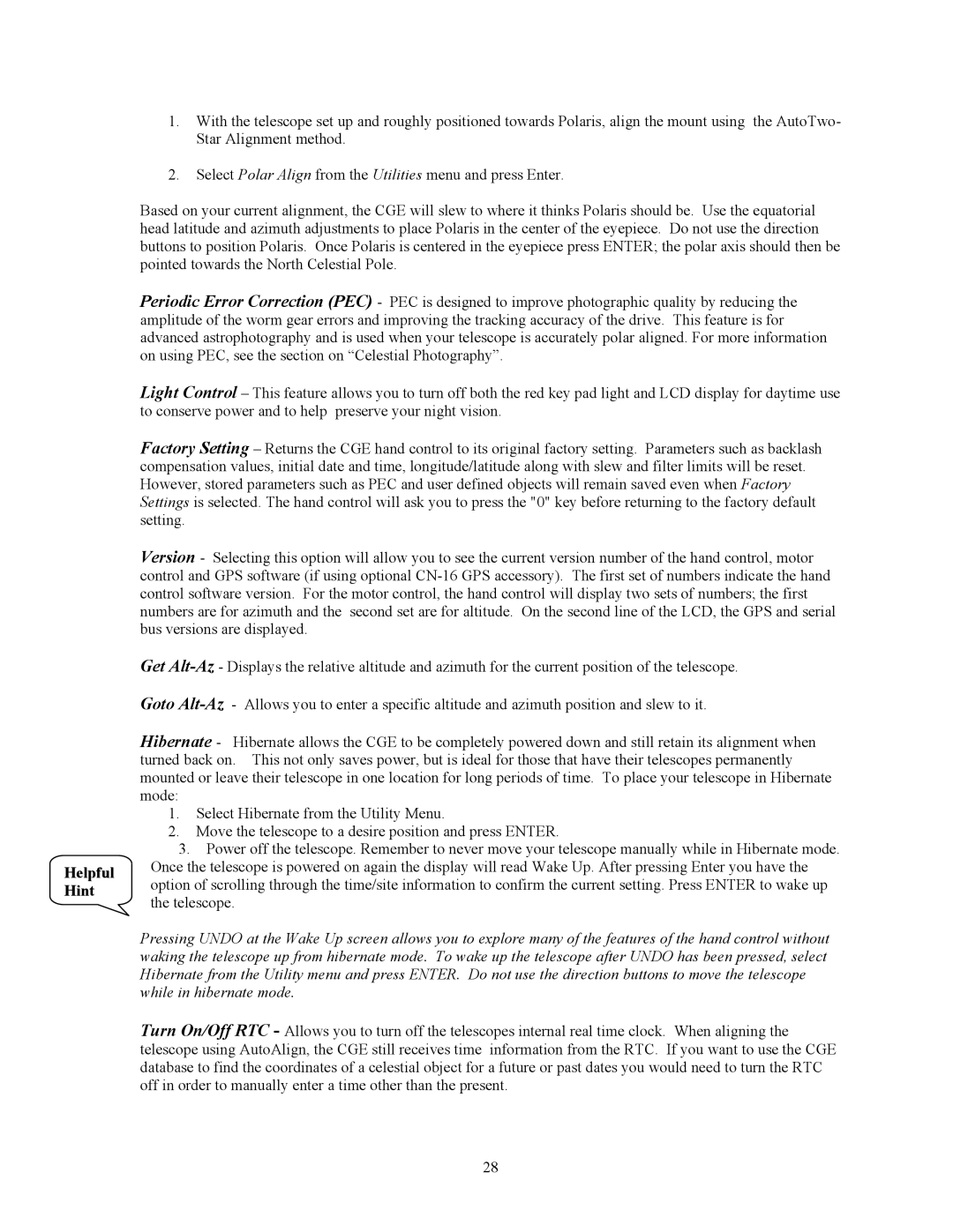 Celestron CGE925, CGE1100, CGE800, CGE1400 manual Helpful Hint 