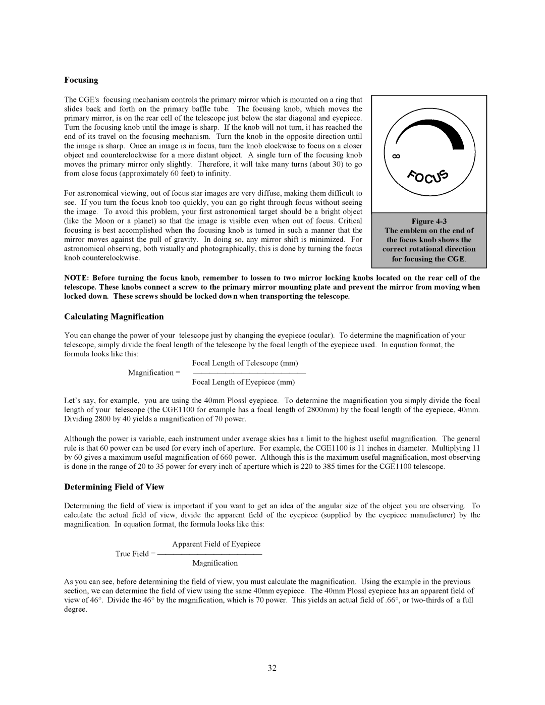 Celestron CGE925, CGE1100, CGE800, CGE1400 manual Focusing, Calculating Magnification, Determining Field of View 