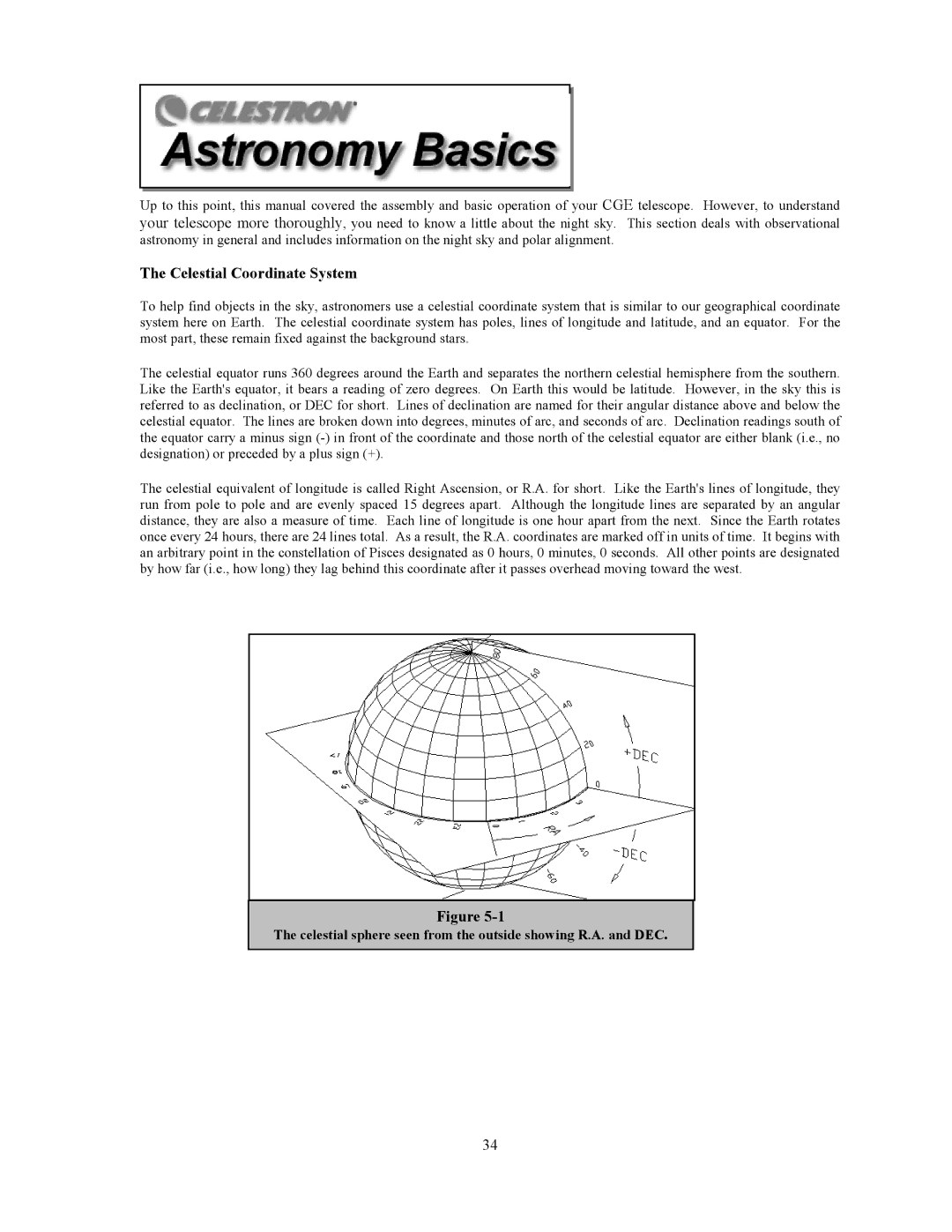 Celestron CGE800, CGE925, CGE1100, CGE1400 manual Celestial Coordinate System 