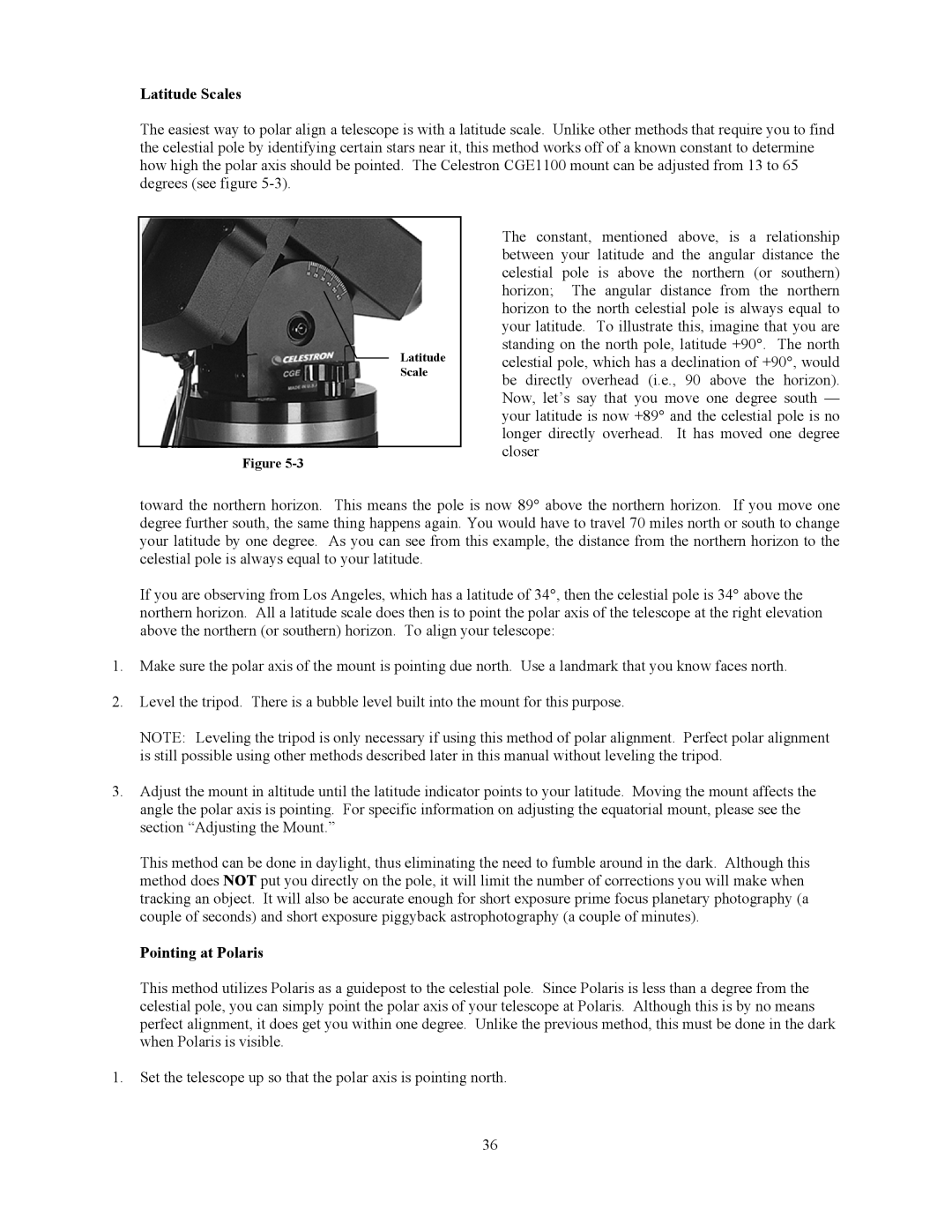 Celestron CGE925, CGE1100, CGE800, CGE1400 manual Latitude Scales, Pointing at Polaris 