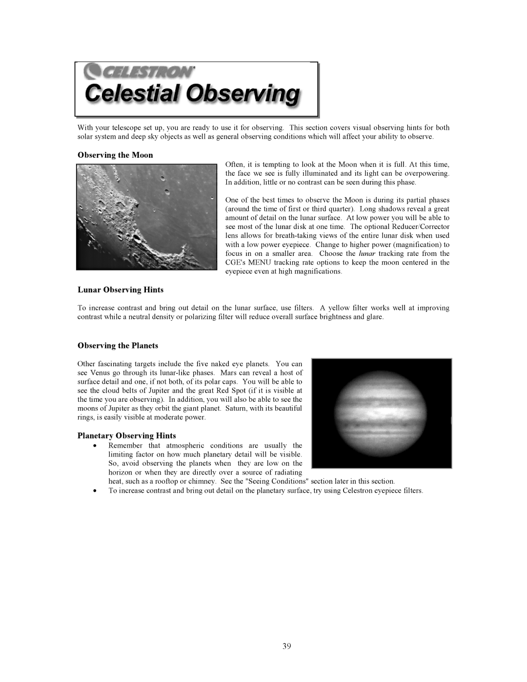 Celestron CGE1400, CGE925 manual Observing the Moon, Lunar Observing Hints, Observing the Planets, Planetary Observing Hints 