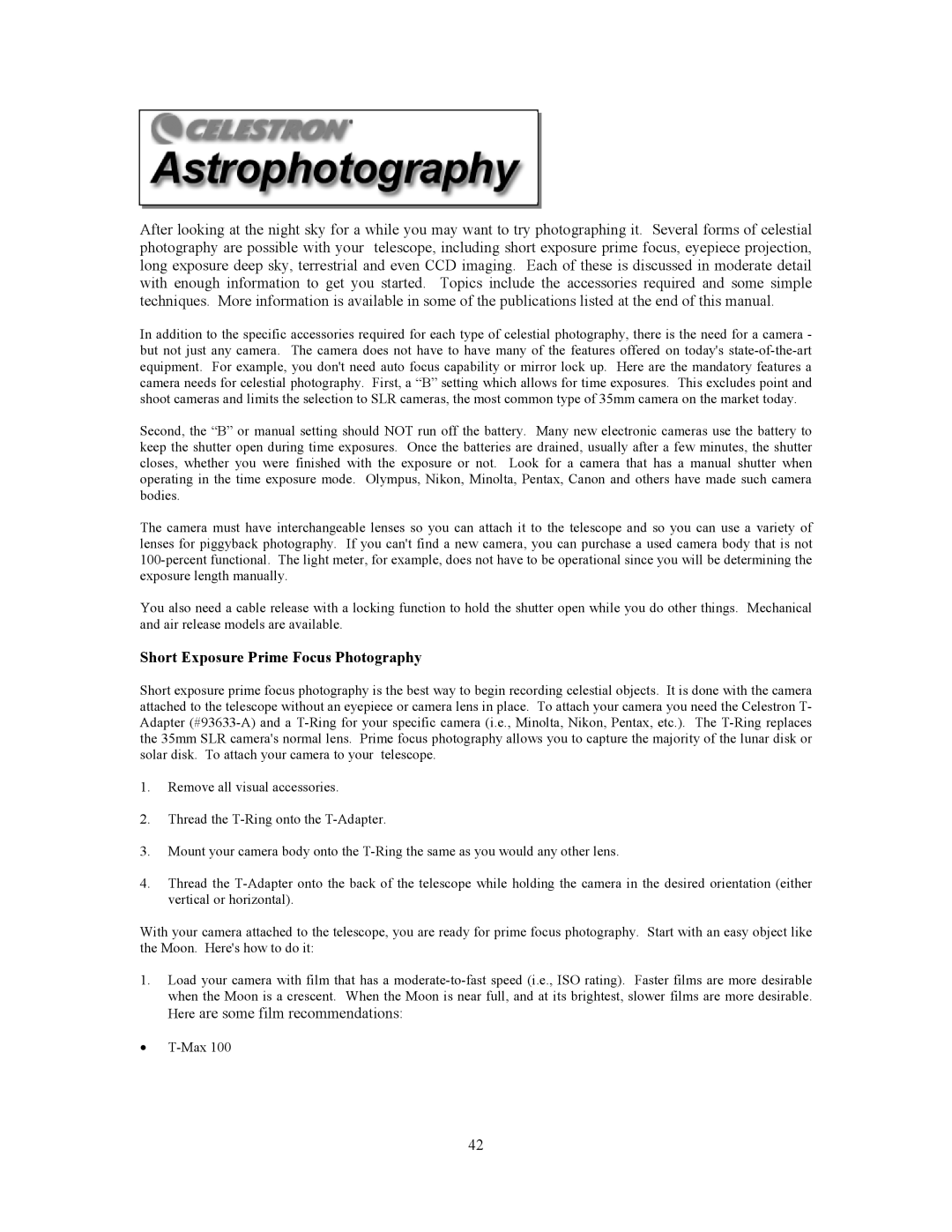 Celestron CGE800, CGE925, CGE1100, CGE1400 manual Short Exposure Prime Focus Photography 