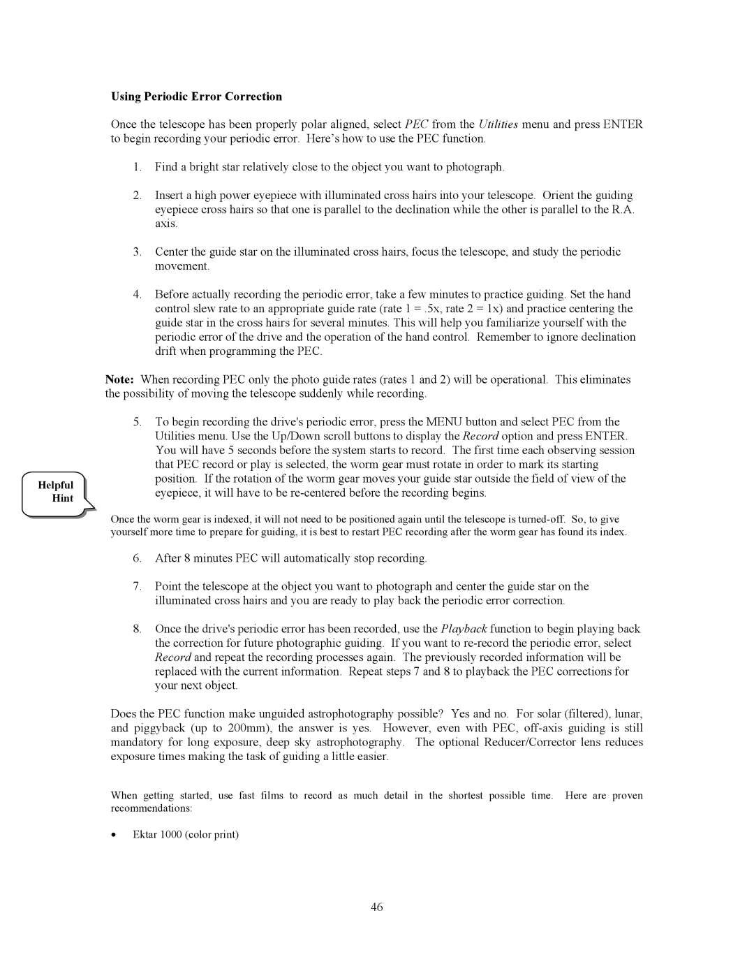 Celestron CGE800, CGE925, CGE1100, CGE1400 manual Using Periodic Error Correction 