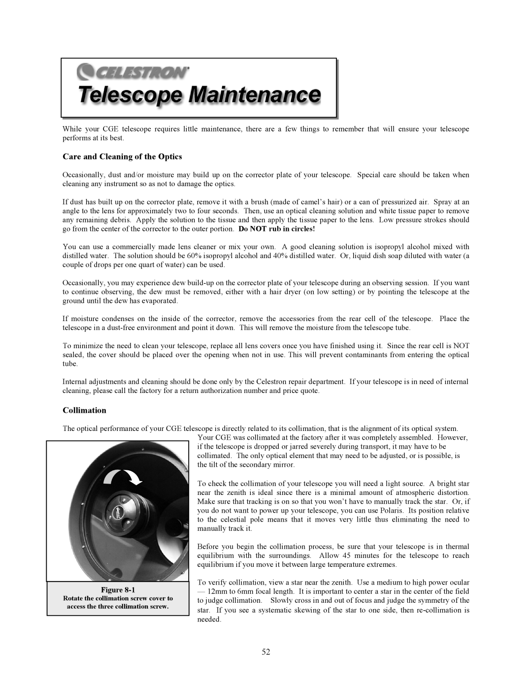 Celestron CGE925, CGE1100, CGE800, CGE1400 manual Care and Cleaning of the Optics, Collimation 