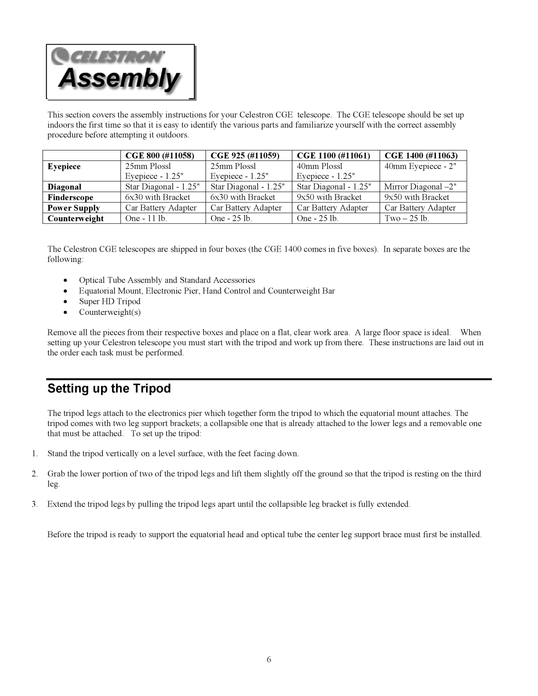 Celestron CGE800, CGE925, CGE1100, CGE1400 manual Setting up the Tripod, Diagonal, Power Supply, Counterweight 