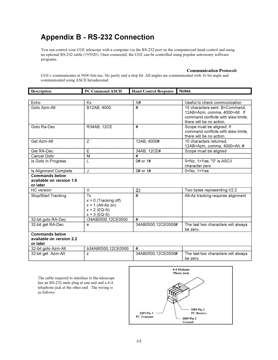 Celestron CGE925, CGE1100, CGE800, CGE1400 manual Appendix B RS-232 Connection, Communication Protocol 