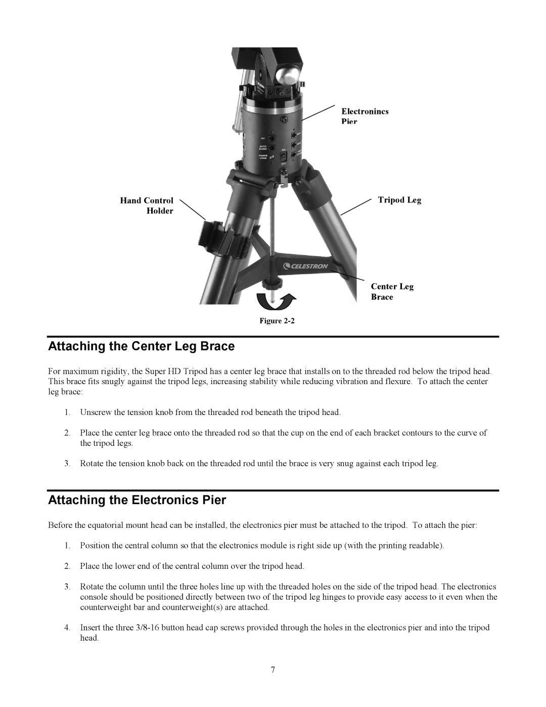 Celestron CGE1400, CGE925, CGE1100, CGE800 manual Attaching the Center Leg Brace, Attaching the Electronics Pier 