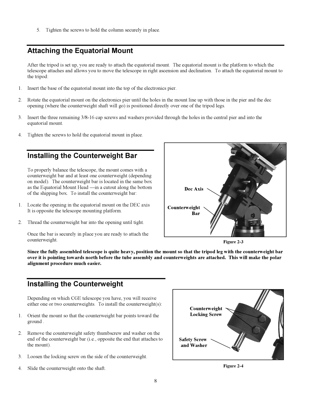 Celestron CGE925, CGE1100, CGE800, CGE1400 manual Attaching the Equatorial Mount, Installing the Counterweight Bar 