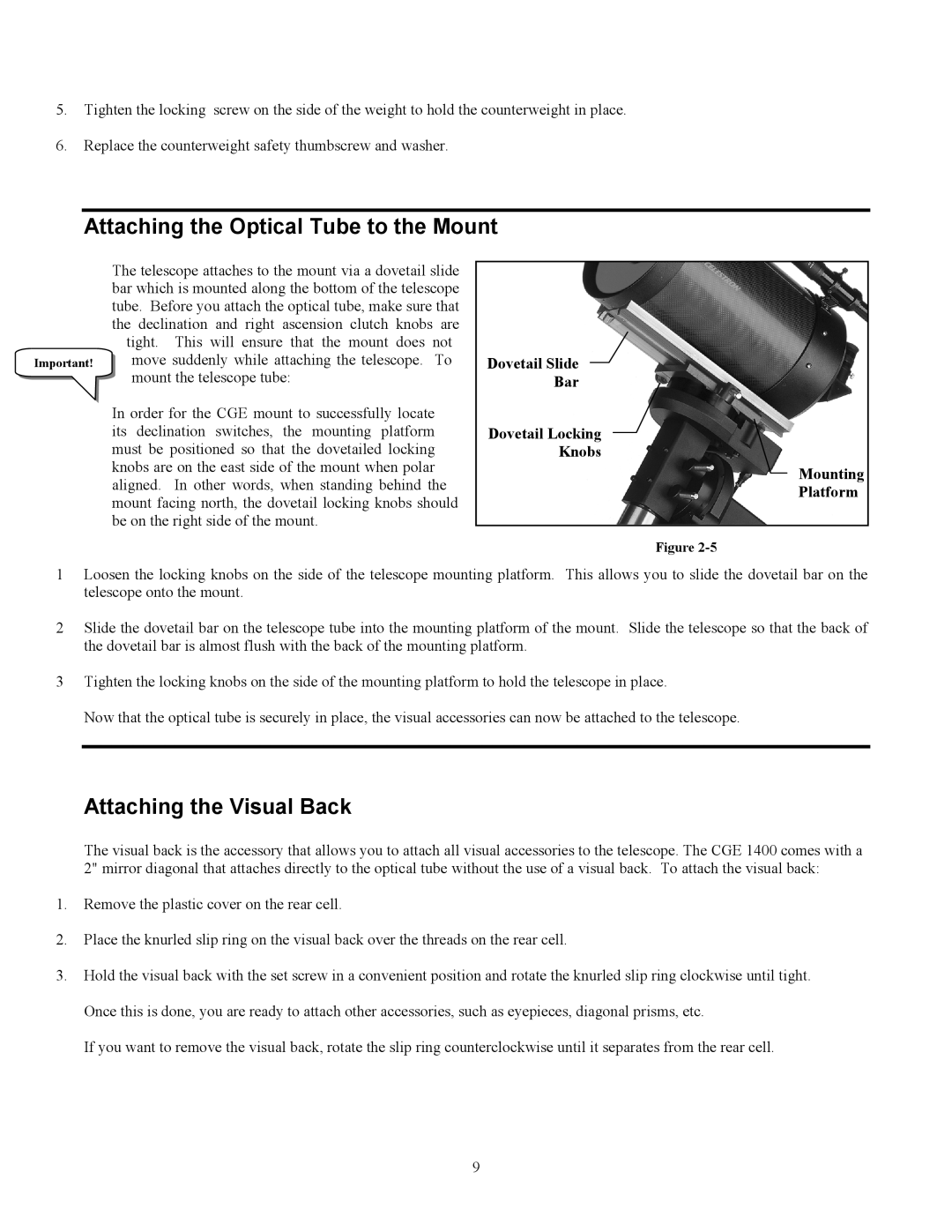 Celestron CGE1100, CGE925, CGE800, CGE1400 manual Attaching the Optical Tube to the Mount, Attaching the Visual Back 