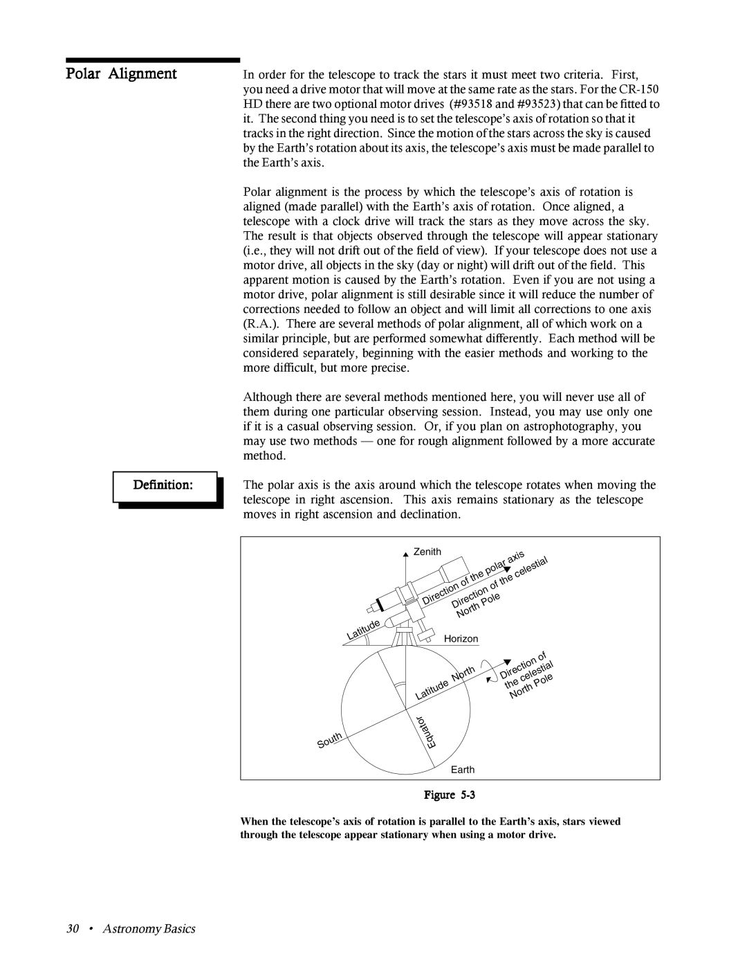 Celestron CR-150 HD instruction manual Polar Alignment, Equator, Definition, Astronomy Basics 