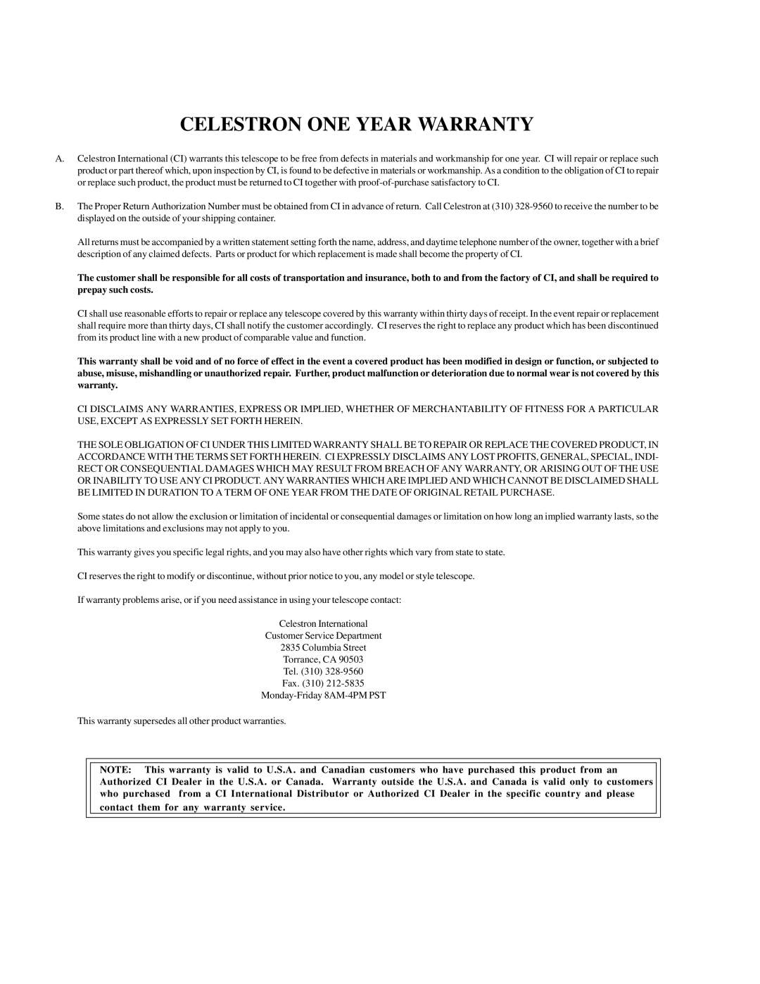 Celestron CR-150 HD instruction manual Celestron One Year Warranty 