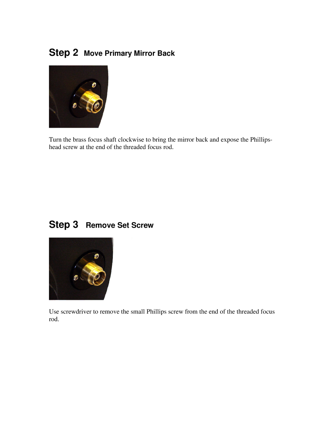 Celestron Feathertouch SCT Microfocuser installation instructions Remove Set Screw, Move Primary Mirror Back 