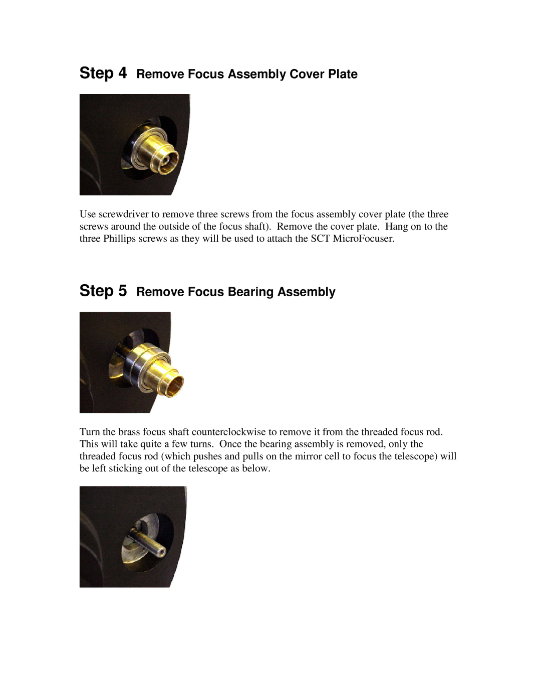 Celestron Feathertouch SCT Microfocuser Remove Focus Assembly Cover Plate, Remove Focus Bearing Assembly 