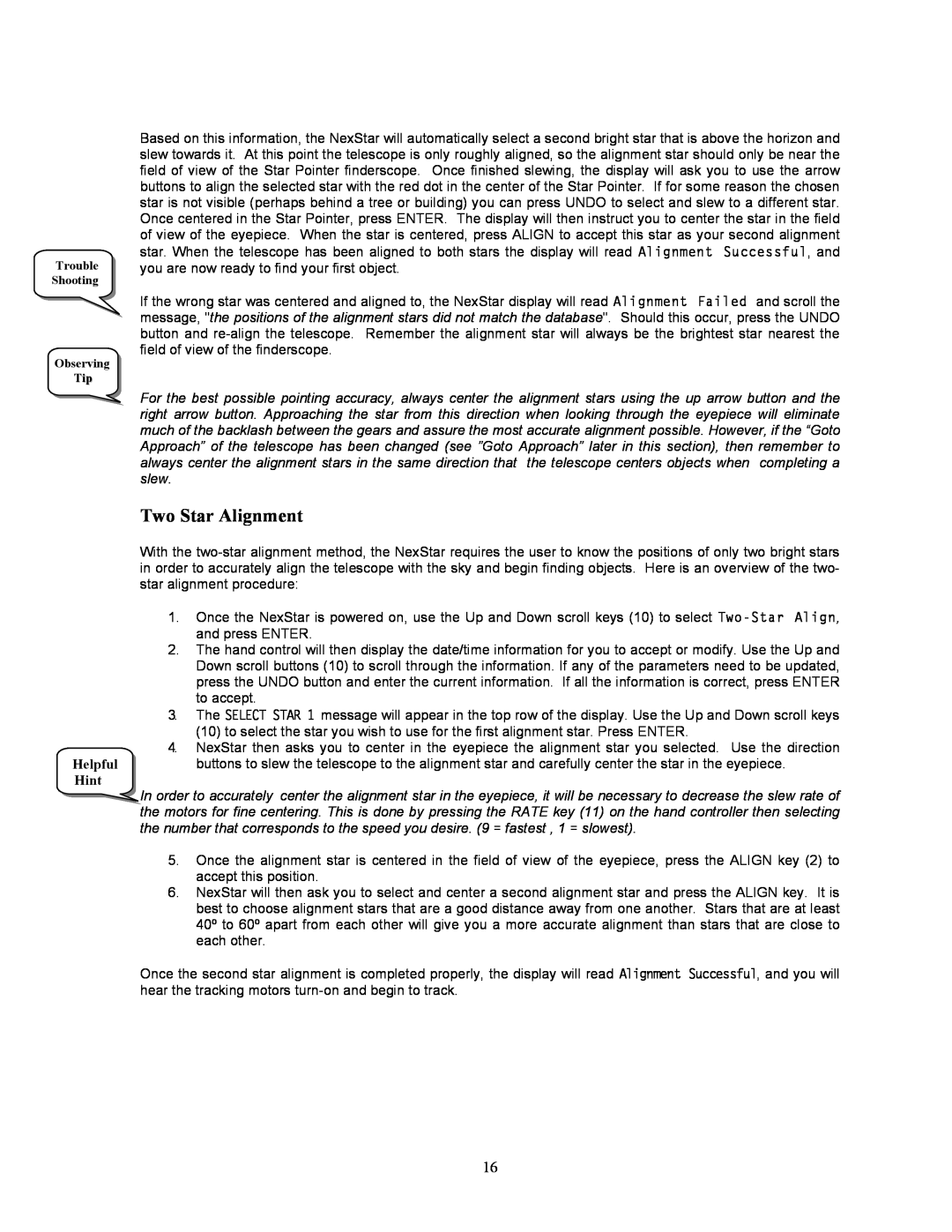 Celestron NexStar 8i manual Two Star Alignment, Helpful, Hint, Observing Tip 